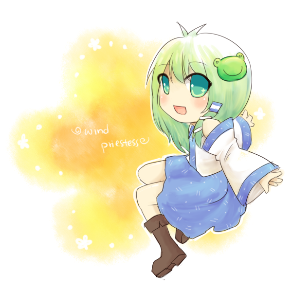 1girl, ahoge, blue_skirt, blush, boots, chibi, detached_sleeves, green)eyes, green_hair, hair_ornament, hair_tubes, kochiya_sanae, pasu, skirt, smile, solo, touhou
