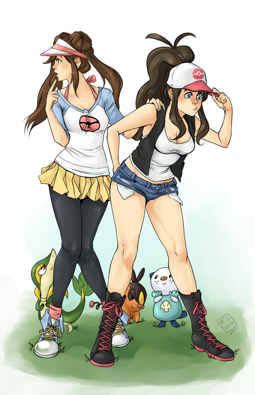 2girls, bare_legs, baseball_cap, black_legwear, blue_eyes, boots, breasts, brown_hair, cleavage, cross-laced_footwear, daniella_mccole, denim, denim_shorts, double_bun, hat, highres, lace-up_boots, long_hair, mei_(pokemon), multiple_girls, oshawott, pantyhose, payot, pokemon, pokemon_(creature), pokemon_(game), pokemon_bw, pokemon_bw2, ponytail, raglan_sleeves, searching, shoes, short_shorts, shorts, skirt, sleeveless, sneakers, snivy, socks_over_pantyhose, tepig, touko_(pokemon), twintails, vest, visor_cap