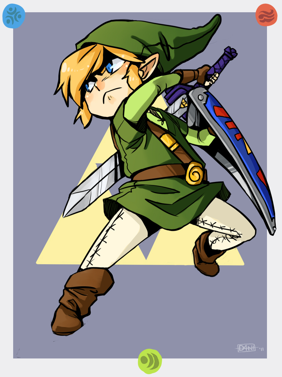 1boy, belt, blonde_hair, blue_eyes, daniella_mccole, hat, highres, link, master_sword, pantyhose, pointy_ears, shield, solo, sword, the_legend_of_zelda, toon_link, tunic, weapon, wind_waker