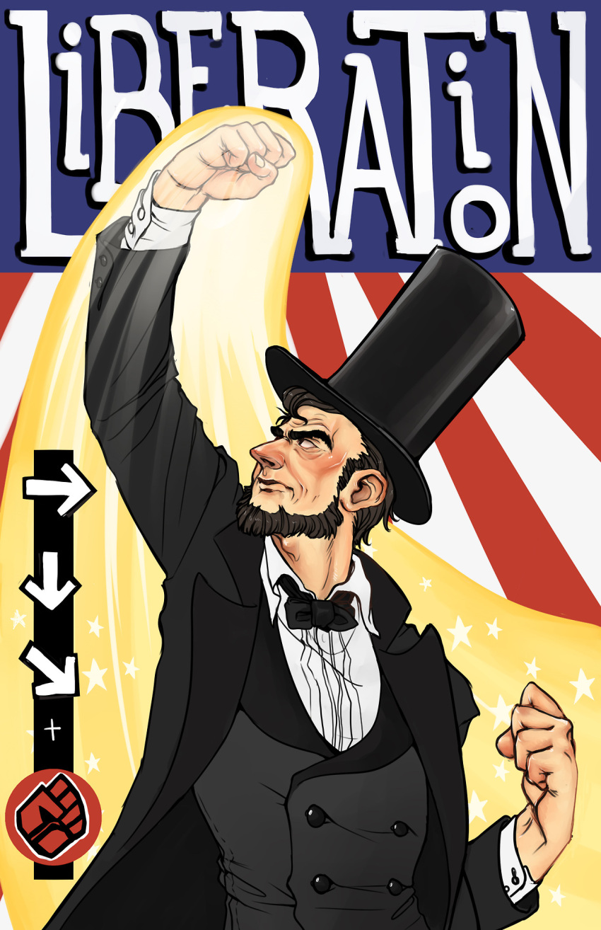abraham_lincoln, america, american_flag, beard, bowtie, buttons, clenched_hands, daniella_mccole, dress_shirt, eyebrows, facial_hair, hat, highres, long_coat, parody, shirt, shouryuuken, solo, street_fighter, thick_eyebrows, top_hat, uppercut