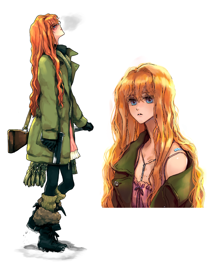 1girl, bandaid, boots, fur_trim, gun, jacket, long_hair, off_shoulder