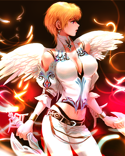 1girl, bare_shoulders, belt, blonde_hair, breasts, cleavage, cross_earrings, dual_wielding