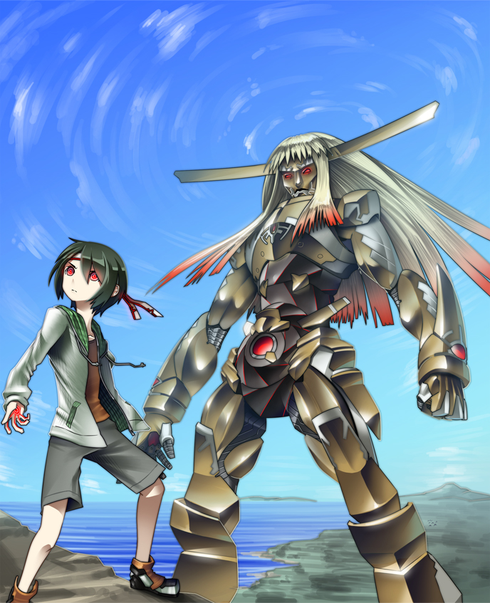 2boys, alien, ambassador_magma, android, antennae, bandana, beach, child