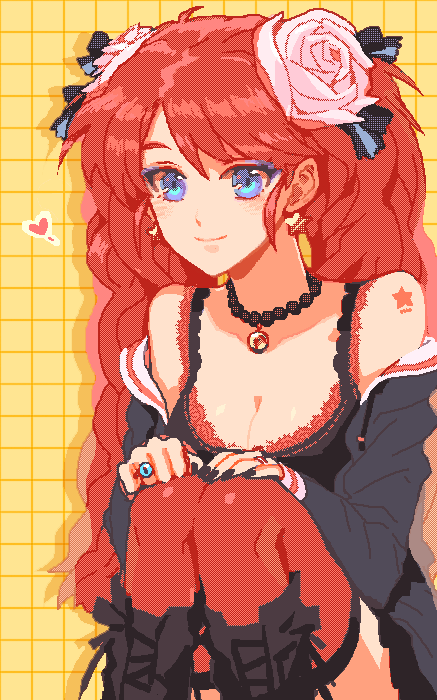 1girl, black_nails, blue_eyes, boots, breasts, cleavage, earrings, flower
