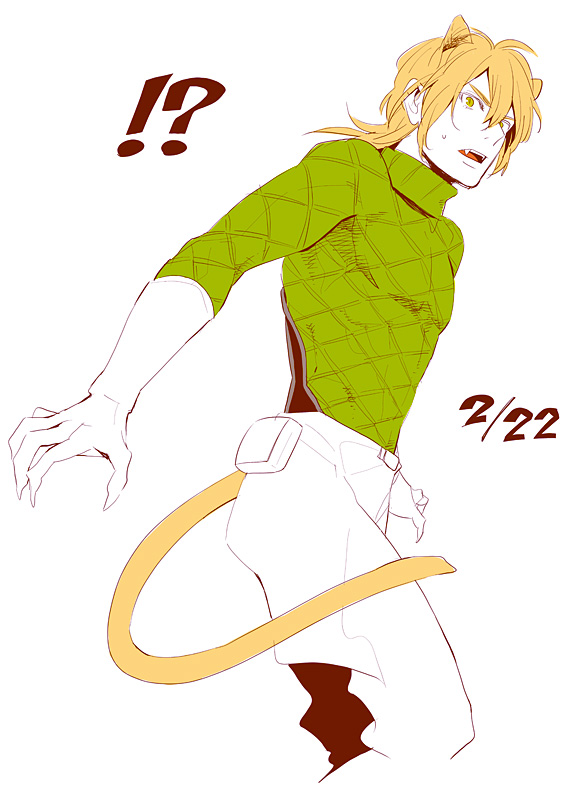 1boy, animal_ears, blonde_hair, cat_ears, cat_tail, claws, diego_brando, gloves, jojo_no_kimyou_na_bouken, kbs, kemonomimi_mode, solo, steel_ball_run, tail, yellow_eyes