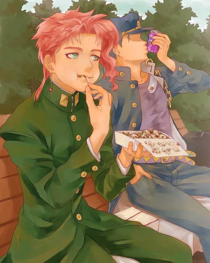 2boys, afglo, black_hair, can, chopsticks, drinking, eating, gakuran