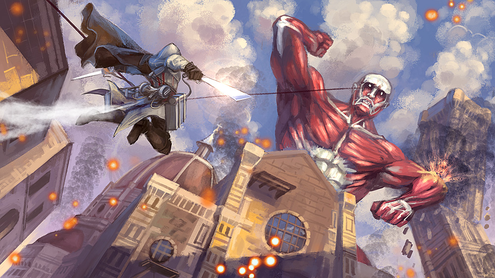 assassin's_creed, assassin's_creed_ii, blade, cape, colossal_titan, crossover, ezio_auditore_da_firenze, gloves