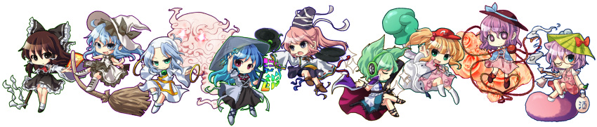 1boy, 6+girls, alternate_color, animal_ears, aqua_eyes, black_eyes, blue_eyes, blue_hair, bow, boxing_gloves, broom, brown_eyes, brown_hair, cape, chibi, closed_eyes, detached_sleeves, dress, earmuffs, expressionless, fall_(artist), flower, fox_mask, futatsuiwa_mamizou, glasses, gohei, gradient_hair, green_eyes, green_hair, hair_bobbles, hair_bow, hair_ornament, hair_tubes, hakurei_reimu, hat, heart, heart_of_string, highres, hijiri_byakuren, hood, hopeless_masquerade, japanese_clothes, kawashiro_nitori, kirisame_marisa, komeiji_koishi, kumoi_ichirin, leaf, leaf_on_head, long_hair, long_image, long_sleeves, mask, mononobe_no_futo, multicolored_hair, multiple_girls, open_mouth, orange_hair, pink_hair, player_2, purple_hair, raccoon_ears, raccoon_tail, ribbon, rose, scroll, short_hair, simple_background, skirt, smile, sparkle, tail, tate_eboshi, third_eye, touhou, toyosatomimi_no_miko, twintails, unzan, violet_eyes, white_background, wide_image