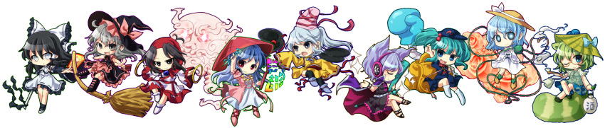 1boy, 6+girls, alternate_color, animal_ears, black_eyes, black_hair, blue_eyes, blue_hair, bow, broom, cape, chibi, closed_eyes, detached_sleeves, dress, earmuffs, fall_(artist), futatsuiwa_mamizou, glasses, gohei, green_hair, grey_hair, hair_bobbles, hair_bow, hair_ornament, hair_tubes, hakurei_reimu, hat, heart, heart_of_string, highres, hijiri_byakuren, hood, hopeless_masquerade, japanese_clothes, kawashiro_nitori, kirisame_marisa, komeiji_koishi, kumoi_ichirin, leaf, leaf_on_head, long_hair, long_image, long_sleeves, mononobe_no_futo, multiple_girls, open_mouth, player_2, purple_hair, raccoon_ears, raccoon_tail, red_eyes, ribbon, scroll, short_hair, simple_background, skirt, smile, sparkle, tail, tate_eboshi, third_eye, touhou, toyosatomimi_no_miko, twintails, unzan, white_background, white_eyes, wide_image