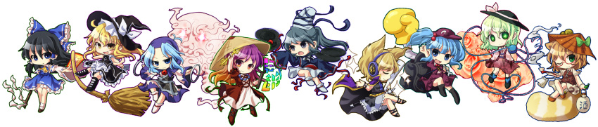 1boy, 6+girls, alternate_color, animal_ears, black_eyes, black_hair, blonde_hair, blue_eyes, blue_hair, bow, boxing_gloves, broom, brown_hair, cape, chibi, closed_eyes, detached_sleeves, dress, earmuffs, fall_(artist), futatsuiwa_mamizou, glasses, gohei, gradient_hair, green_eyes, green_hair, hair_bobbles, hair_bow, hair_ornament, hair_tubes, hakurei_reimu, hat, heart, heart_of_string, highres, hijiri_byakuren, hood, hopeless_masquerade, japanese_clothes, kawashiro_nitori, kirisame_marisa, komeiji_koishi, kumoi_ichirin, leaf, leaf_on_head, long_hair, long_image, long_sleeves, mononobe_no_futo, multicolored_hair, multiple_girls, open_mouth, player_2, purple_hair, raccoon_ears, raccoon_tail, ribbon, scroll, short_hair, simple_background, skirt, smile, sparkle, tail, tate_eboshi, third_eye, touhou, toyosatomimi_no_miko, twintails, unzan, white_background, wide_image, yellow_eyes