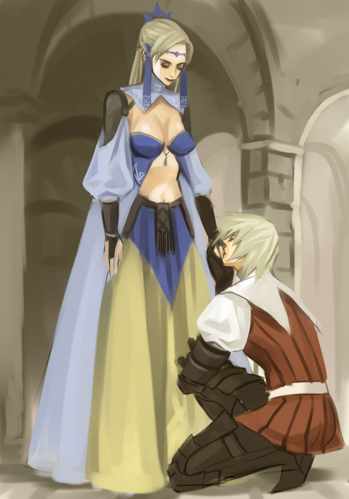 armor, blonde_hair, bridal_gauntlets, cleavage, couple, dress, closed_eyes, final_fantasy