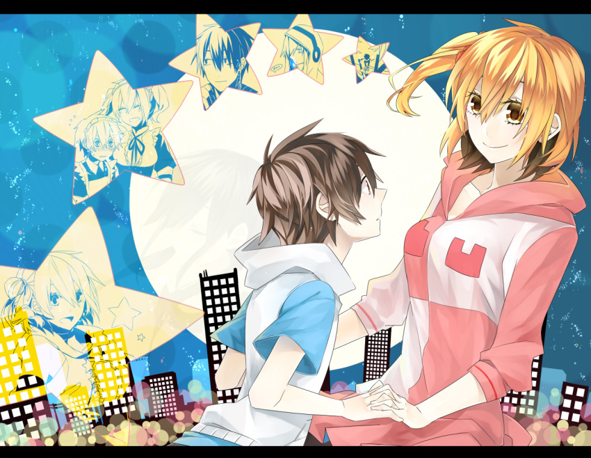 2boys, 3girls, blonde_hair, blush, brown_eyes, brown_hair, building, circle