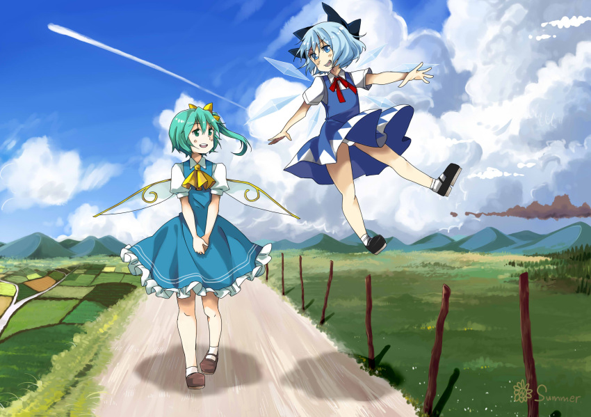 2girls, ascot, blue_eyes, blue_hair, bow, cirno, clouds, daiyousei