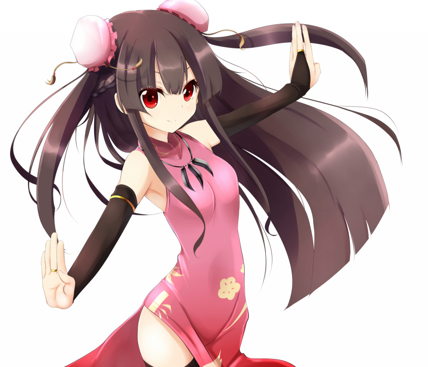 1girl, amano_kouki, black_hair, black_legwear, breasts, bridal_gauntlets, china_dress, chinese_clothes