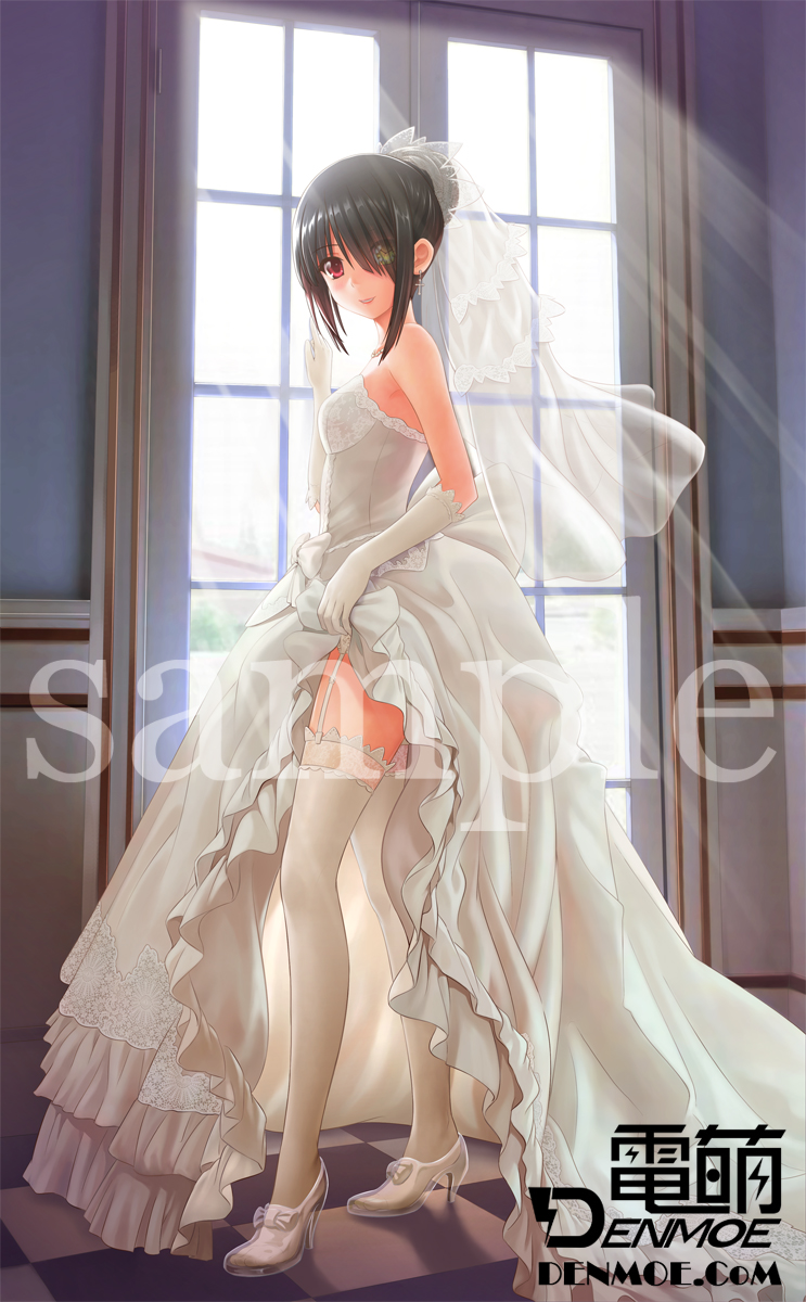 1girl, black_hair, bridal_veil, checkered, checkered_floor, clock_eyed, cross, date_a_live