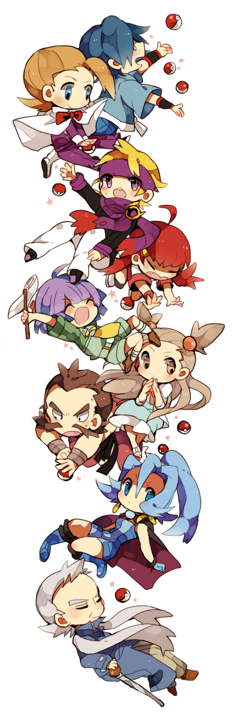 3girls, 6+boys, akane_(pokemon), blonde_hair, blue_eyes, blue_hair, brown_hair, bug_net