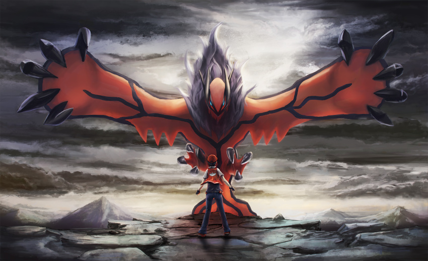 1boy, baseball_cap, blue_eyes, claws, clouds, dekus, flying, hat, highres, horns, looking_at_another, monster, mountain, poke_ball, pokemon, pokemon_(creature), pokemon_(game), pokemon_xy, red_(pokemon), rock, solo, tail, wings, yveltal
