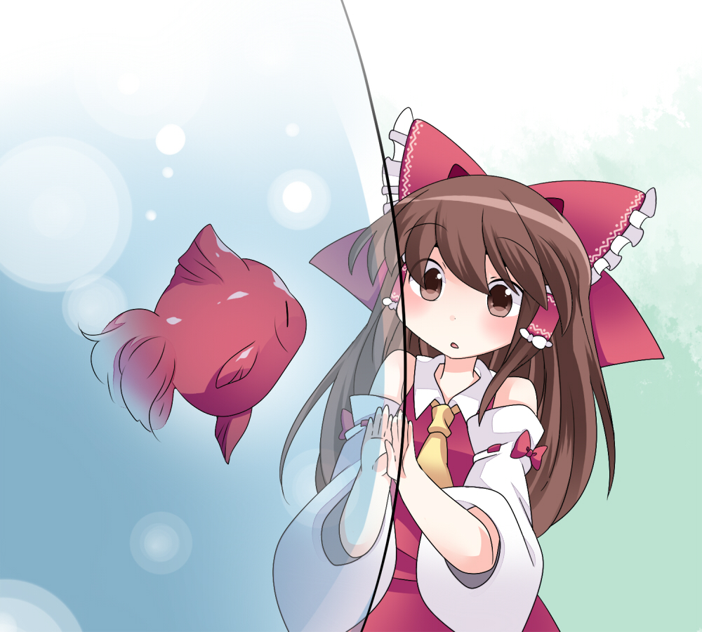1girl, ascot, bare_legs, bow, brown_eyes, brown_hair, detached_sleeves, fish