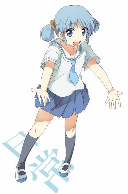 1girl, black_legwear, blue_eyes, blue_hair, blush, copyright_name, hair_cubes, hair_ornament