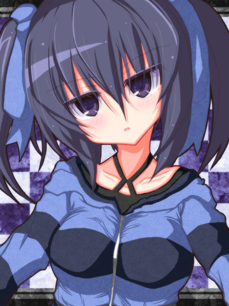 1girl, bike_shorts, blue_hair, bow, checkered, checkered_background, danball_senki, hair_bow