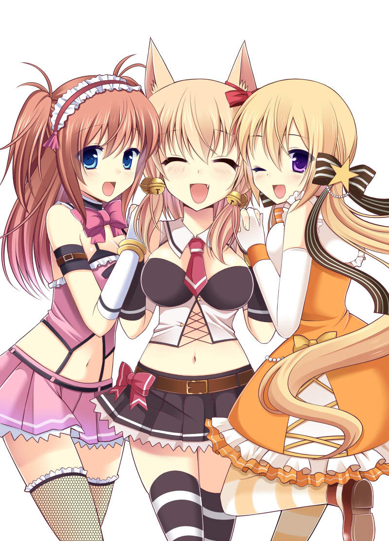 3girls, :d, ;d, ^_^, agekichi_(heart_shape), animal_ears, bell, belt