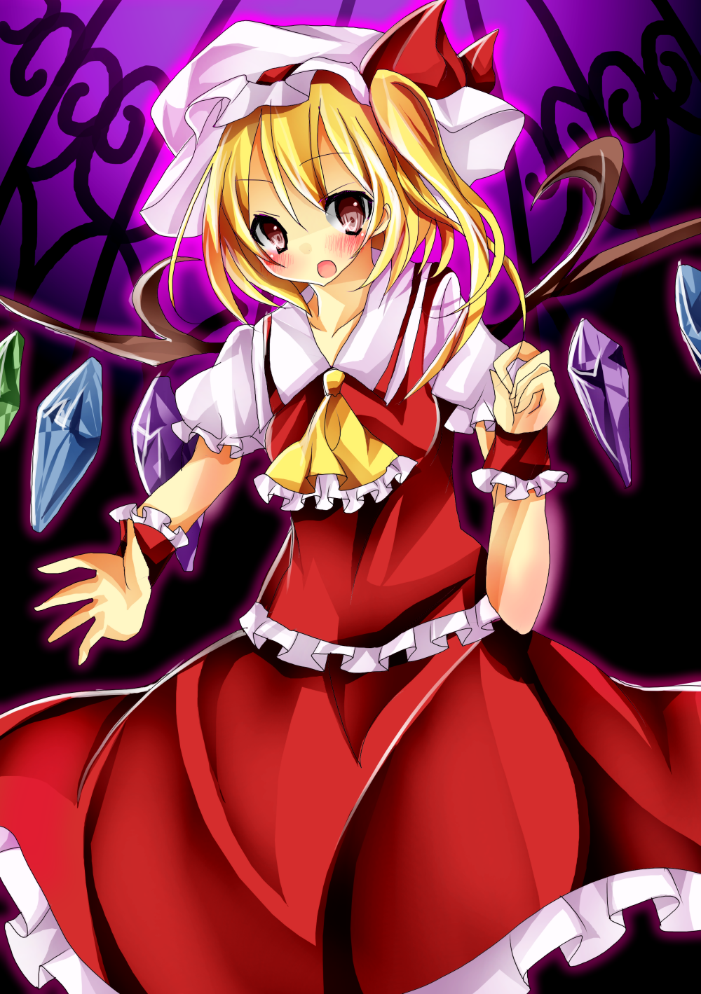 1girl, blonde_hair, blush, flandre_scarlet, hat, hat_ribbon, highres, kotokura_imu