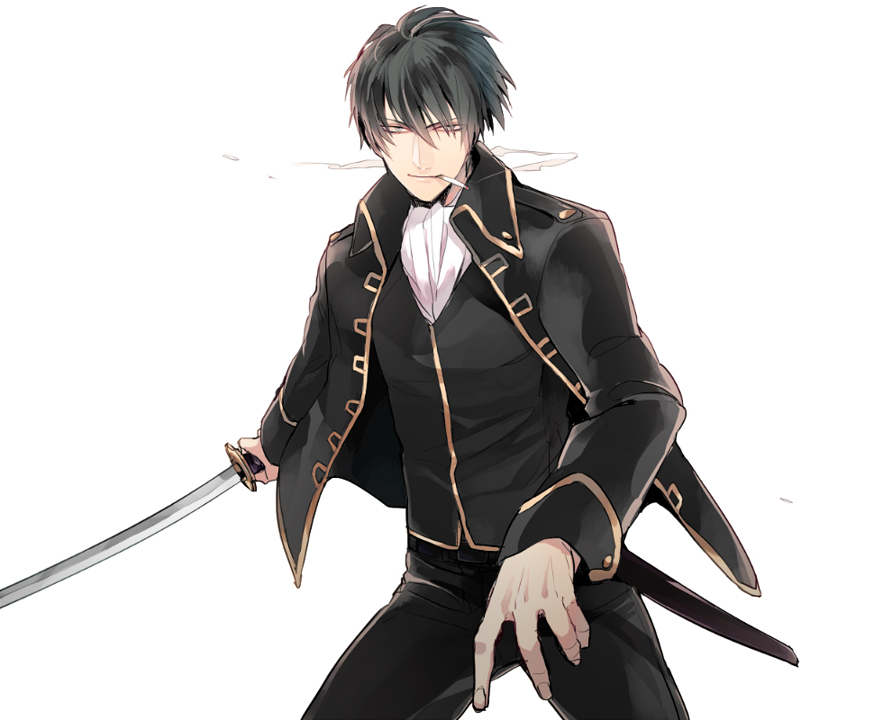 1boy, black_hair, blue_eyes, cigarette, gintama, hijikata_toushirou, katana, solo, sword, weapon, zaqloxxx