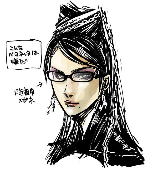 aka_gan_k, bayonetta, bayonetta_(character), beauty_mark, black_hair, blue_eyes, earrings, eyeshadow