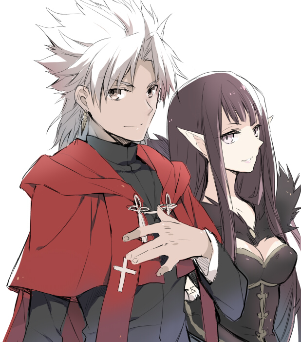 1boy, 1girl, assassin_of_red, black_hair, breasts, brown_eyes, capelet, cleavage, dark_skin, dress, fate/apocrypha, fate_(series), kotomine_shirou, kuroemon, long_hair, pointy_ears, stole, white_hair