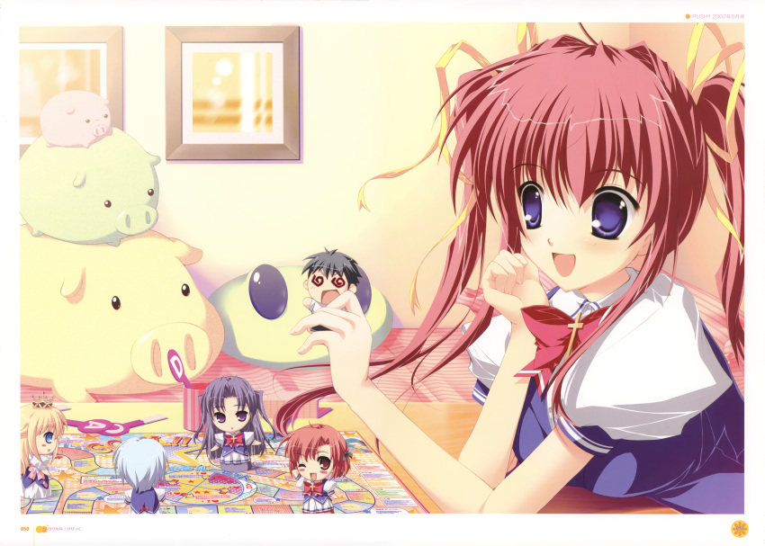 1boy, 5girls, ;d, @_@, absurdres, arietta_(lyrical_lyric), asakura_nanao, blue_eyes, blush_stickers, board_game, brown_eyes, character_request, chibi, hagiwara_tomoe, highres, huge_filesize, kuu_(lyrical_lyric), lyrical_lyric, mikeou, multiple_girls, open_mouth, pink_hair, purple_hair, school_uniform, smile, stuffed_animal, stuffed_pig, stuffed_toy, tagme, takami_rin, twintails, violet_eyes, wink