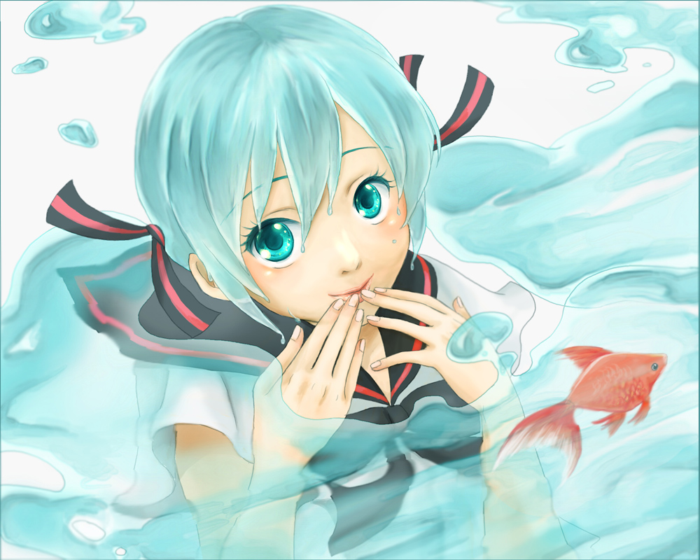 1girl, aqua_hair, bottle_miku, esuya, face, fish, green_eyes, hair_ribbon, hatsune_miku, liquid_hair, ribbon, school_uniform, serafuku, smile, solo, twintails, vocaloid, white_background