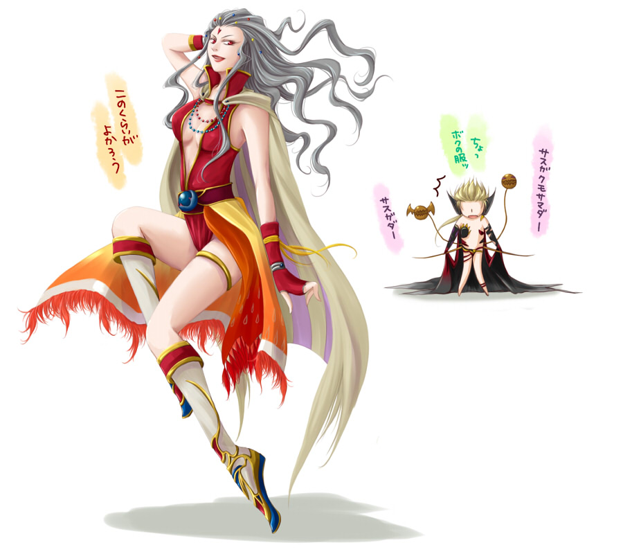 bare_shoulders, blonde_hair, cape, chibi_inset, cleavage, cloud_of_darkness, cloud_of_darkness_(cosplay), cosplay, costume_switch, dissidia_final_fantasy, facial_mark, female, final_fantasy, final_fantasy_iii, fingerless_gloves, forehead_mark, gloves, grey_hair, kia_(pixiv), kia_(pixiv77594), legs, long_hair, long_legs, male, necklace, onion_knight, onion_knight_(cosplay), red_eyes, short_hair, thighs