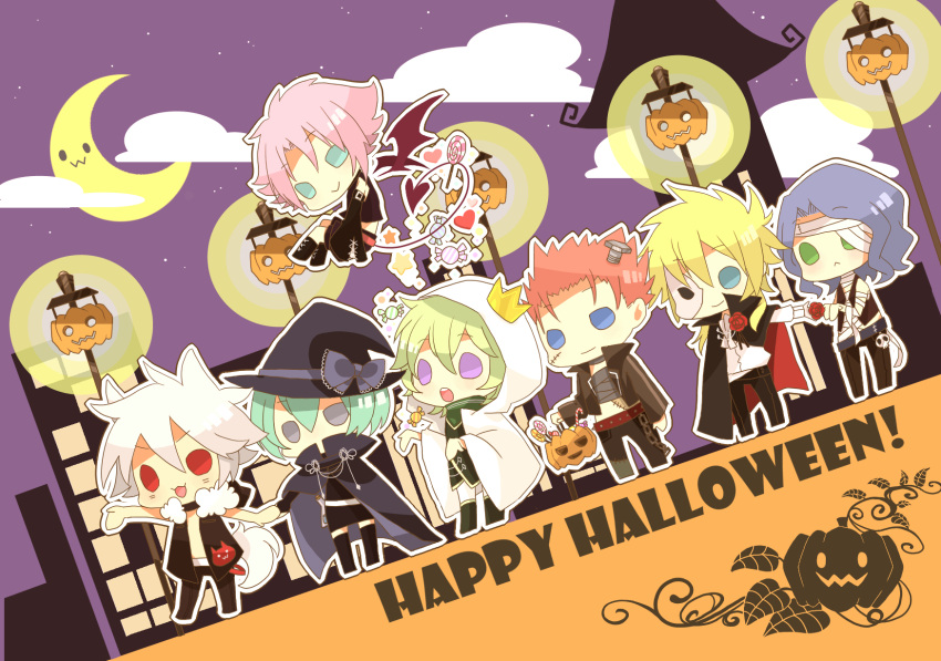 1girl, 5boys, animal_ears, bakugan, bakugan_new_vestroia, bandages, blonde_hair, blue_hair, candy, candy_cane, cape, chibi, flower, gus_grav, halloween, highres, hydron_(bakugan), lollipop, lync_volan, moon, multiple_boys, mylene_furrow, omatou, pink_hair, pumpkin, rose, shadow_prove, spectra_phantom, volt_luster, wolf_ears