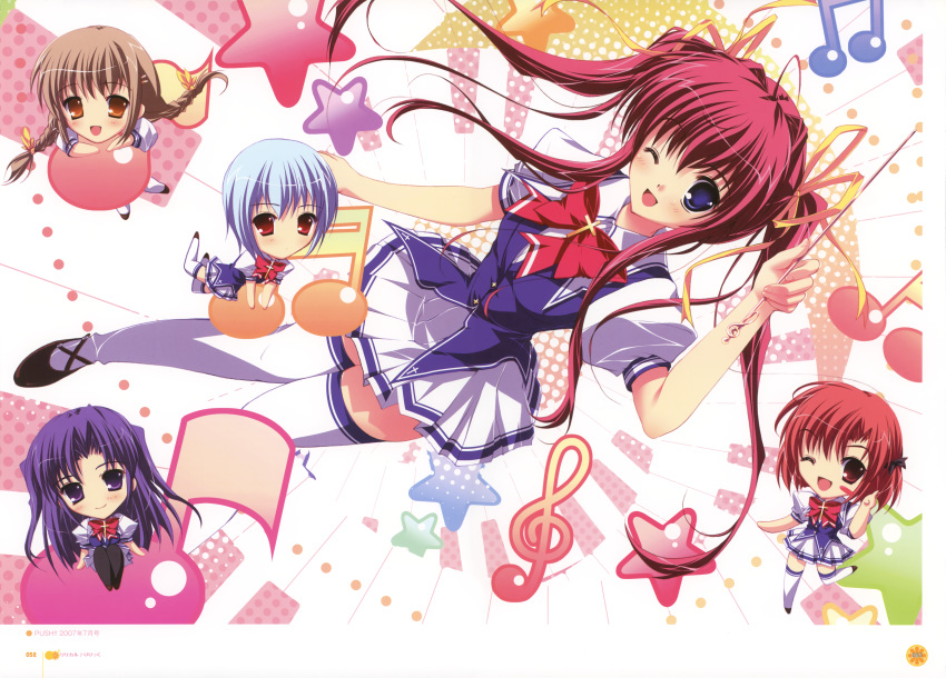 5girls, :d, ;d, absurdres, asakura_nanao, baton_(instrument), black_legwear, blue_eyes