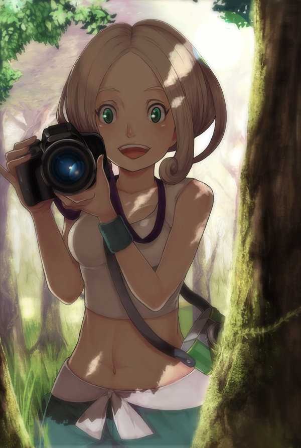 1girl, anchiko, blonde_hair, camera, capri_pants, crop_top, forest, grass
