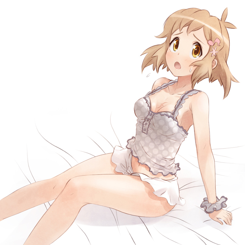 1girl, antenna_hair, arm_support, bare_legs, bare_shoulders, bed_sheet, camisole, hair_ornament