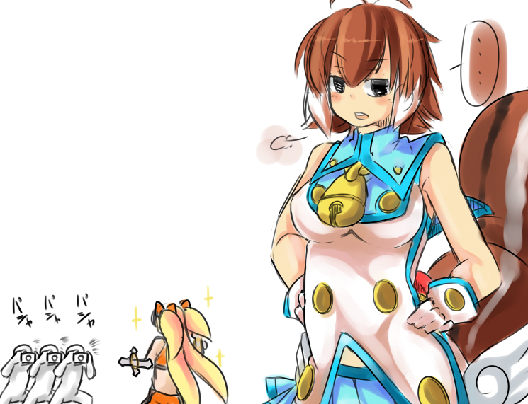 ..., 2girls, animal_ears, antenna_hair, bell, blazblue, breasts, brown_eyes