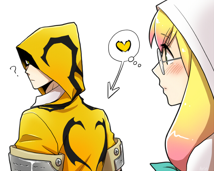 1boy, 1girl, ?, arin66, blazblue, blazblue_phase_0, blonde_hair, blush