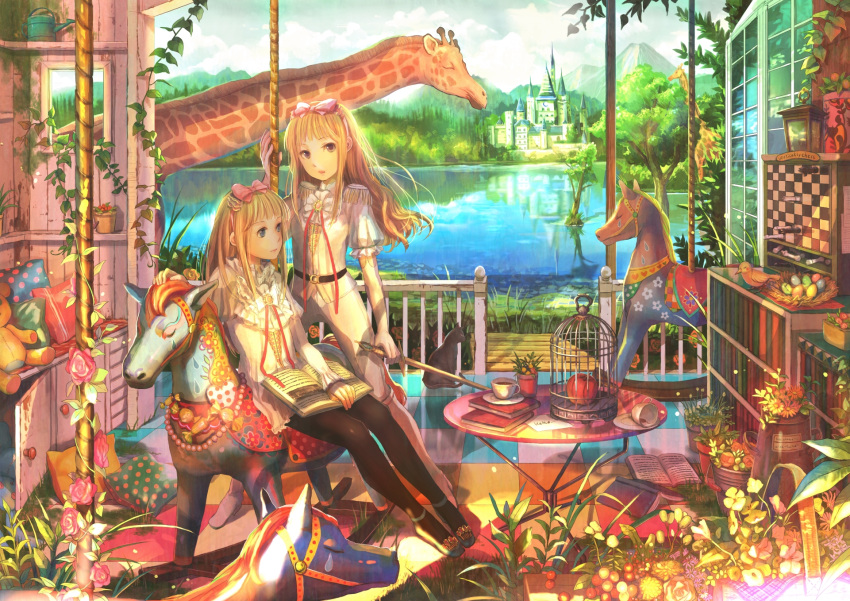2girls, apple, bird, birdcage, blonde_hair, book, bow, cage