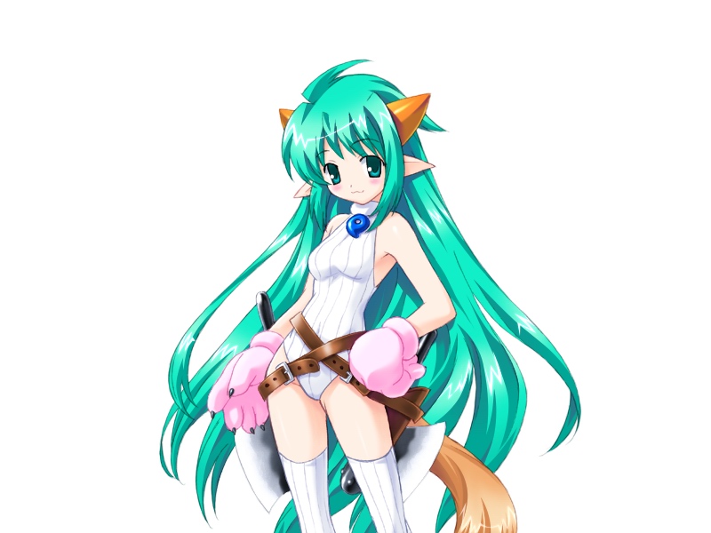 :3, alicesoft, axe, cat_gloves, galzoo_island, green_eyes, green_hair, horns, long_hair, mutsumi_masato, pointy_ears, solo, tail, thigh-highs, weapon, yama_no_sachi