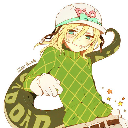 1boy, alice-whiteberry, bandage_on_face, blonde_hair, blue_eyes, diego_brando, gloves, hat