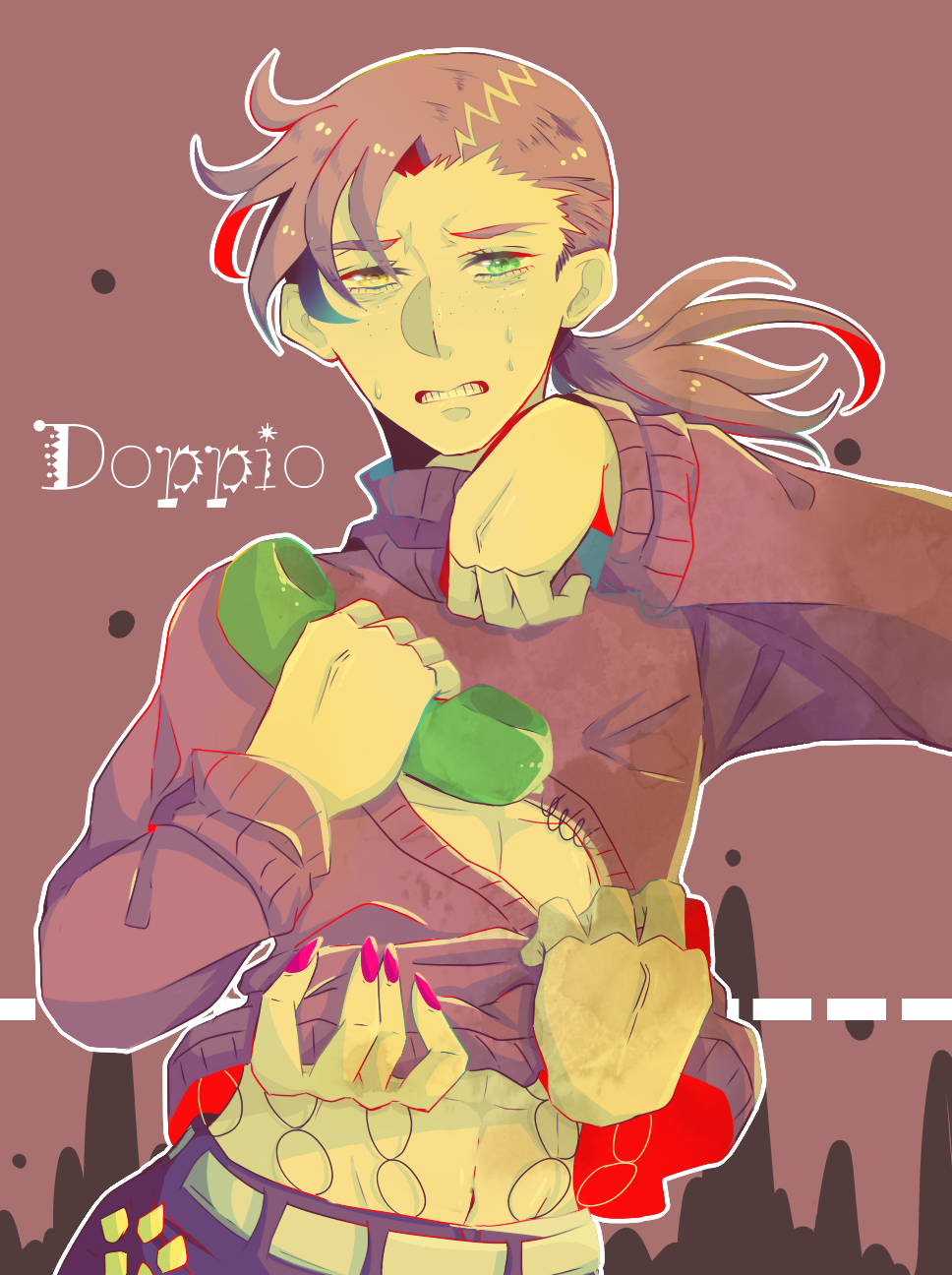1boy, asyura-1010, diavolo, dual_persona, freckles, green_eyes, highres, jojo_no_kimyou_na_bouken