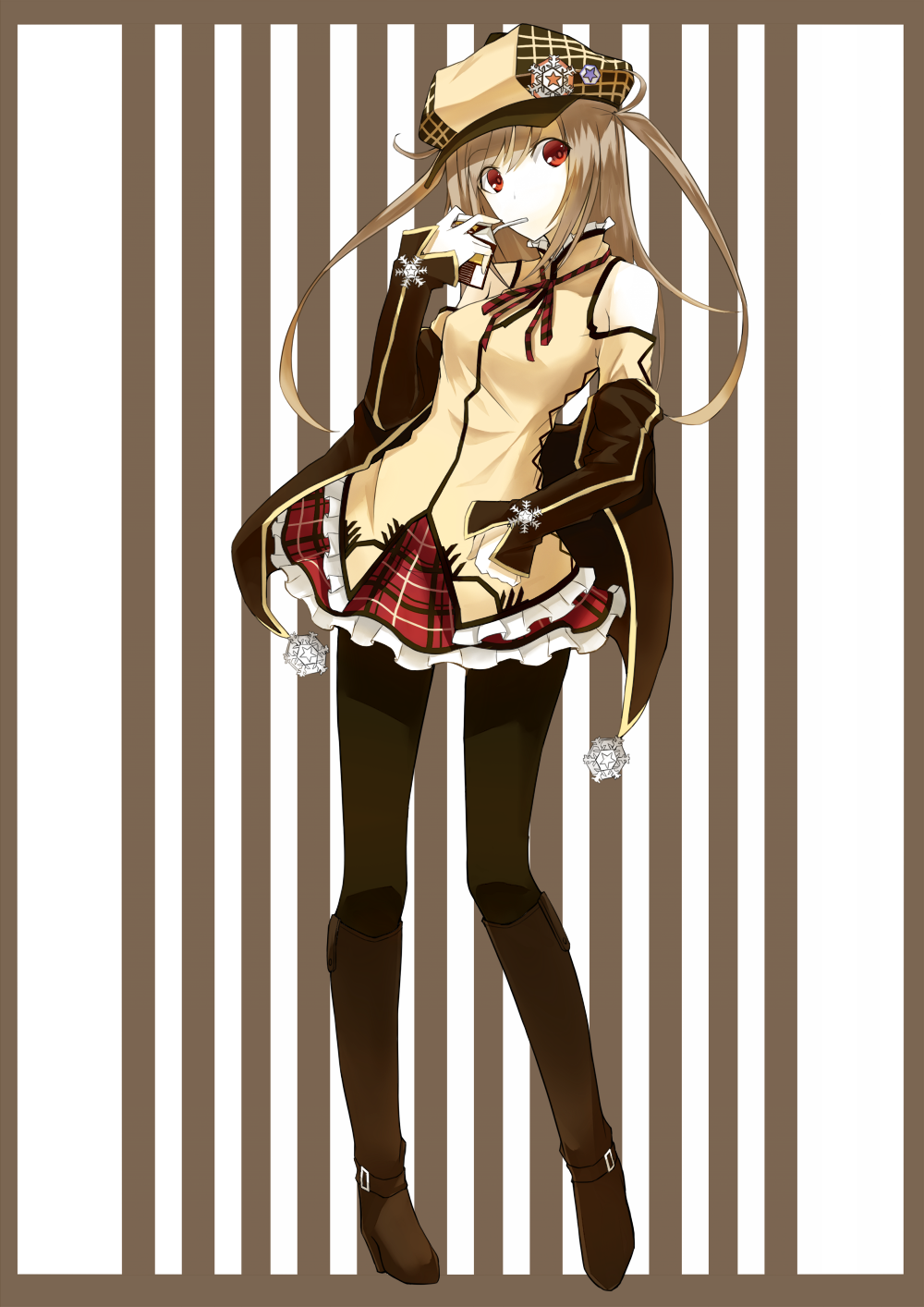 1girl, bare_shoulders, black_legwear, boots, brown_hair, cabbie_hat, coffee, hat
