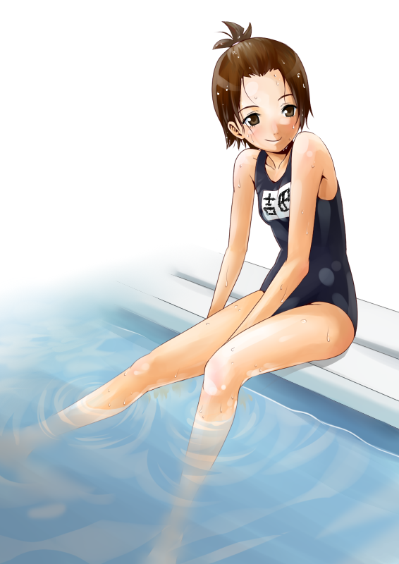 1girl, brown_eyes, brown_hair, original, pool, poolside, school_swimsuit, swimsuit