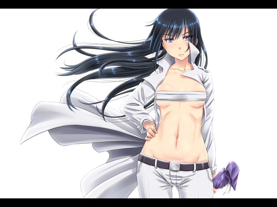 1girl, beelzebub_(manga), black_hair, blue_eyes, bokken, breasts, cleavage, kunieda_aoi, long_coat, long_hair, navel, sarashi, shikuta_maru, sword, weapon, wooden_sword