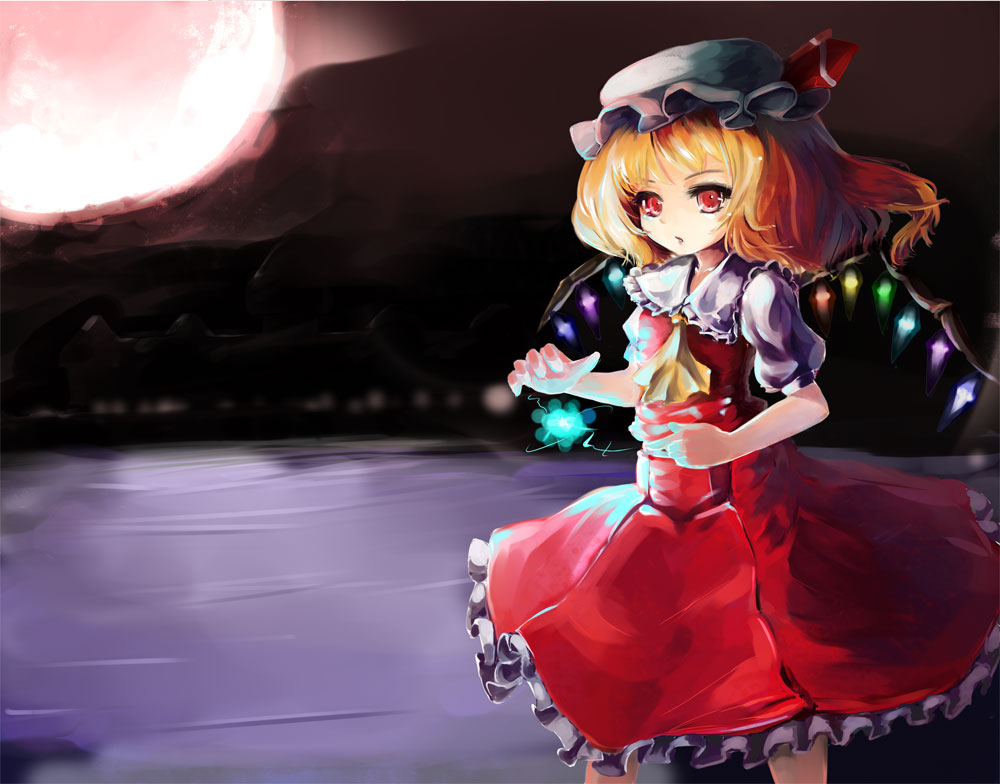 childofa, flandre_scarlet, hat, magic, ponytail, red_eyes, short_hair, side_ponytail