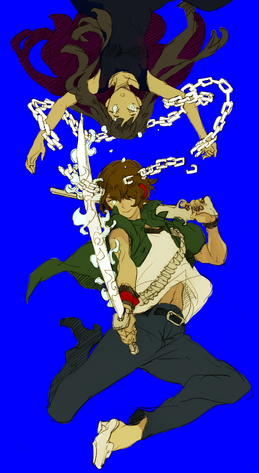 1boy, 1girl, black_hair, brown_hair, chain, gun, highres, kajiro_miyako