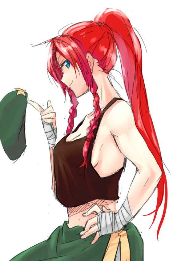 1girl, bandages, blue_eyes, braid, breasts, bust, hand_on_hip, hat