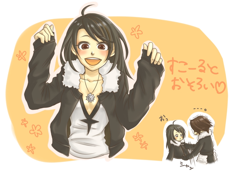 black_hair, blush, brown_eyes, brown_hair, cleavage, female, final_fantasy, final_fantasy_viii, jacket, long_hair, male, necklace, open_mouth, ranis, rinoa_heartilly, shirt, short_hair, squall_leonhart, squall_leonhart_(cosplay)