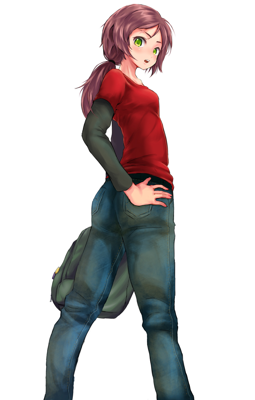 1girl, backpack, bag, blush, brown_hair, denim, ellie_(the_last_of_us), green_eyes, hand_on_hip, highres, jeans, long_hair, looking_at_viewer, looking_back, open_mouth, ponytail, solo, the_last_of_us, white_background, yoshida_ichitora
